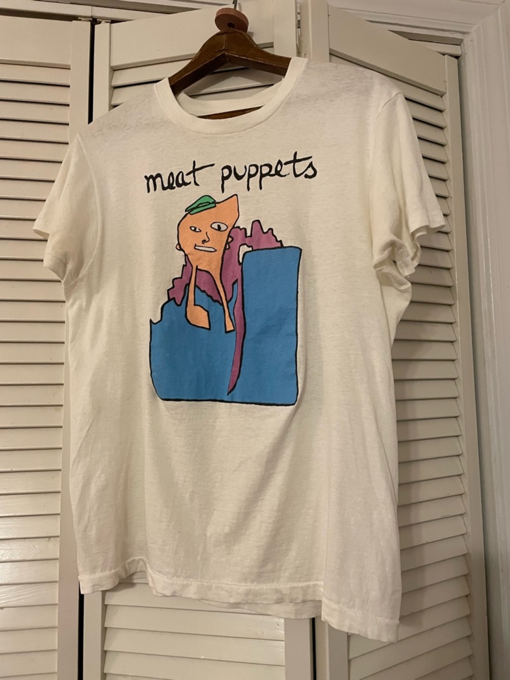 SOLD-Vintage 80s Meat Puppets Graphic Band Tee - White with Blue, Orange, Purple